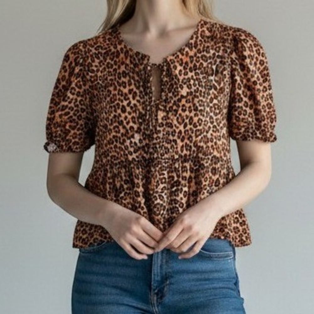 Old Navy Leopard Print Peplum Top Puff Sleeve Tie Front Boho XXL Petite Brown